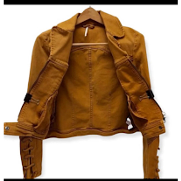 FREE PEOPLE Vintage Distressed Jacket Jean Jacket Lace Up Sleeves size M NWOT - Picture 9 of 13